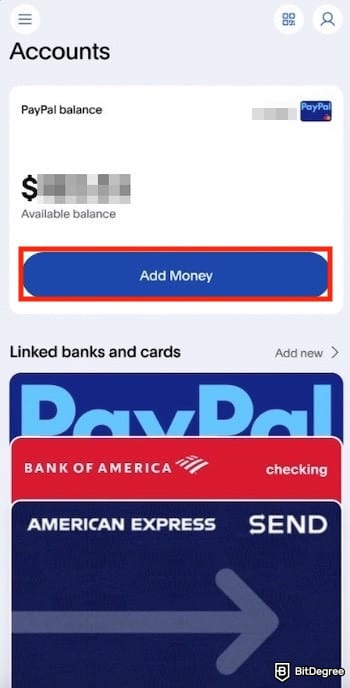 How to add money to PayPal: the [Add Money] button on the PayPal app outlined.
