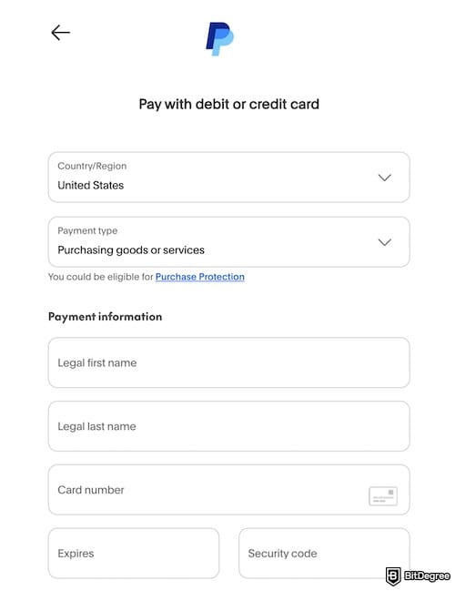 How to add money to PayPal: a field with recipient's details, including card number and payment type.