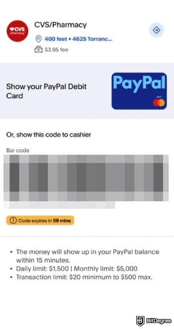 How to add money to PayPal: the generated barcode shown on the PayPal mobile app.