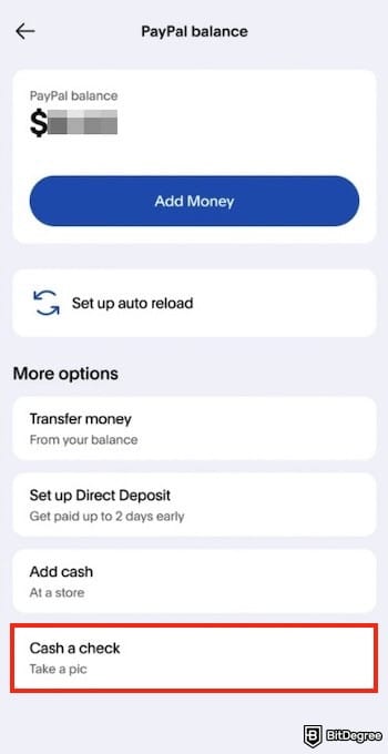 How to add money to PayPal: the [Cash a check] button on PayPal outlined.