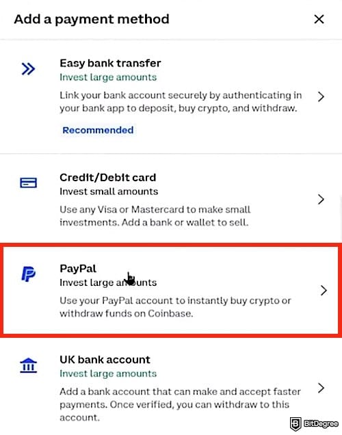 How to add money to PayPal: available payment methods on Coinbase, with the PayPal option outlined.