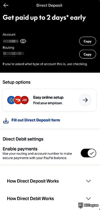 How to add money to PayPal: setting Direct Deposit on the PayPal app.