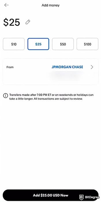 How to add money to PayPal: entering the amount of money to deposit.