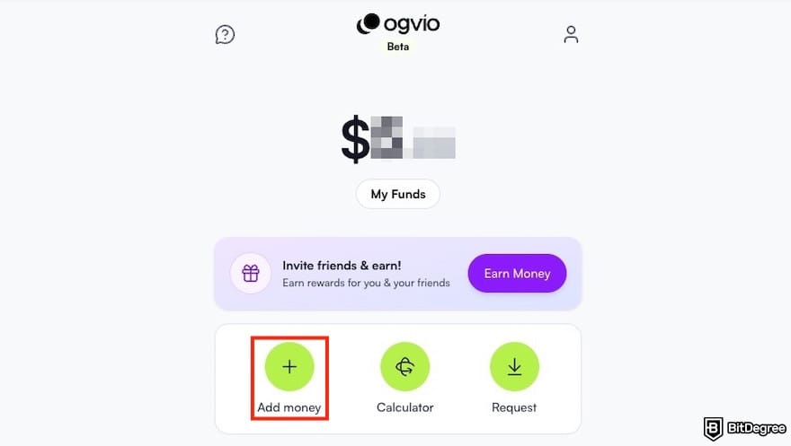 How to add money to PayPal: the [Add money] button on Ogvio's dashboard.