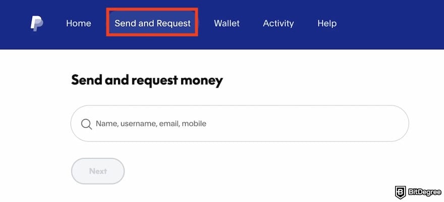 How to add money to PayPal: the [Send and Request] button outlined on PayPal.