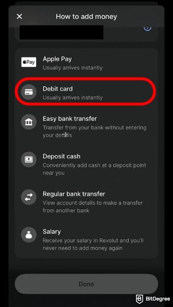 How to add money to Revolut: select debit card transfer.