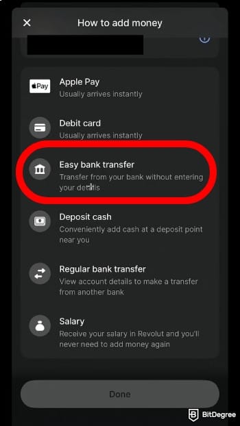 How to add money to Revolut: select [Easy bank transfer] from the list.