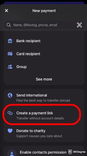 How to add money to Revolut: select to create a payment link.
