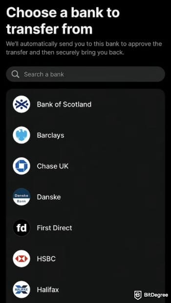 How to add money to Revolut: choose the bank to transfer from.