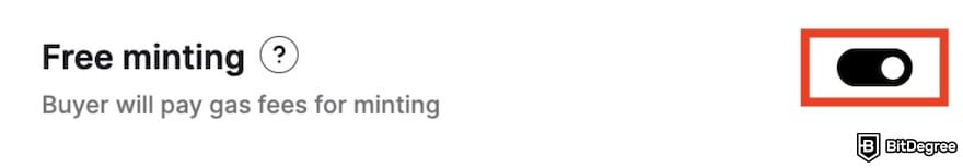 How to avoid ETH gas fees: the Free Minting toggle button on Rarible.