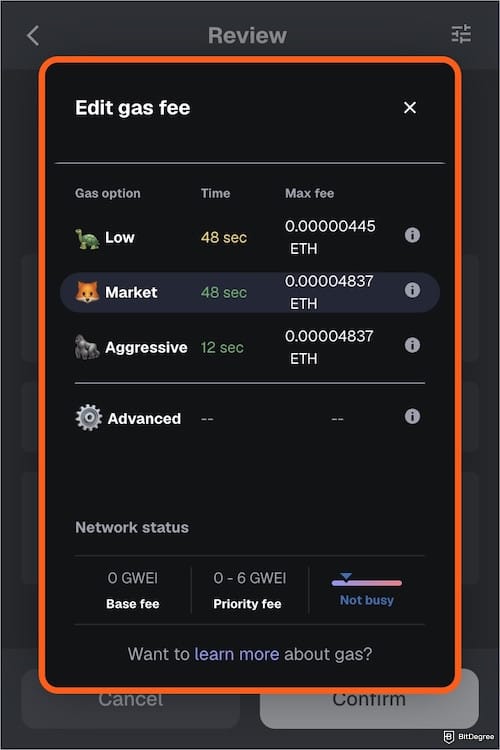 How to avoid ETH gas fees: the fee setting on MetaMask.