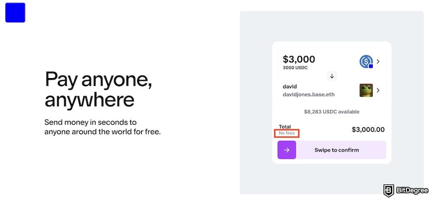 How to avoid ETH gas fees: the payment page on the Base app, showing no fees included.