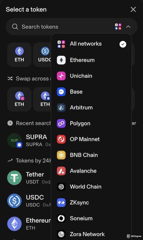 How to avoid ETH gas fees: selecting networks on Uniswap.