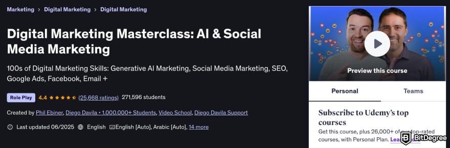 How to become a marketing manager: Digital Marketing Masterclass course on Udemy.