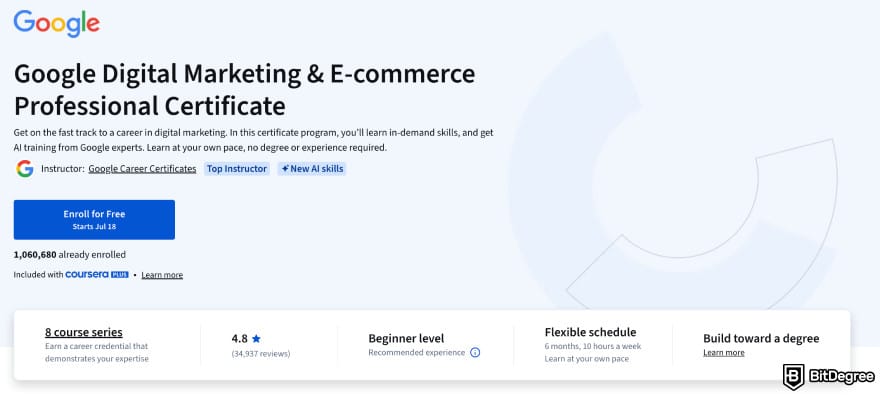 How to become a marketing manager: Google Digital Marketing & E-commerce Professional Certificate on Coursera.