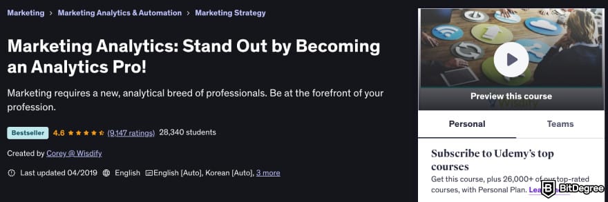 How to become a marketing manager: Marketing Analytics: Stand Out by Becoming an Analytics Pro course on Udemy.