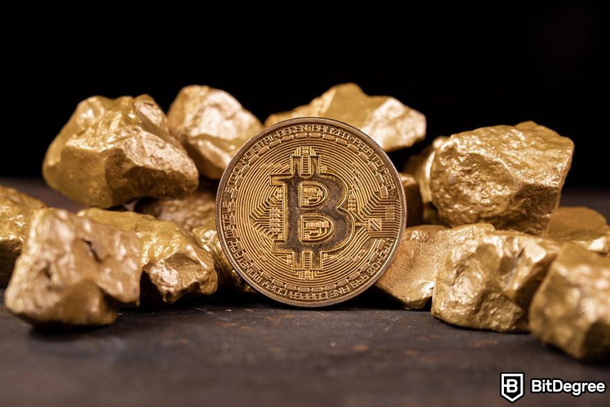 how to borrow against Bitcoin: a gold Bitcoin coin resting on a pile of gold nuggets.