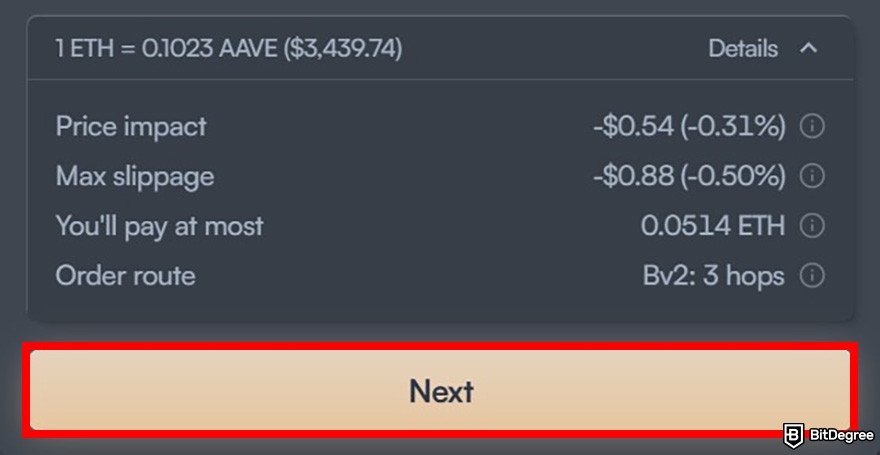 How to buy Aave: a part of Balancer Swap order form showing the transaction details and the Next button highlighted.