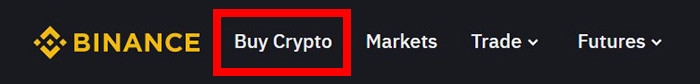 How to buy Aave: navigation menus on Binance's website with the Buy Crypto menu highlighted.