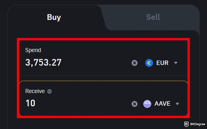 How to buy Aave: the buy form for buying AAVE using EUR on Binance' Buy Crypto page.