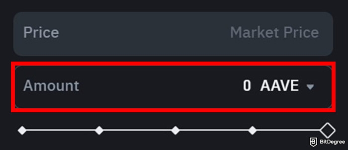 How to buy Aave: a part of Binance trading interface with the box for AAVE amount highlighted.