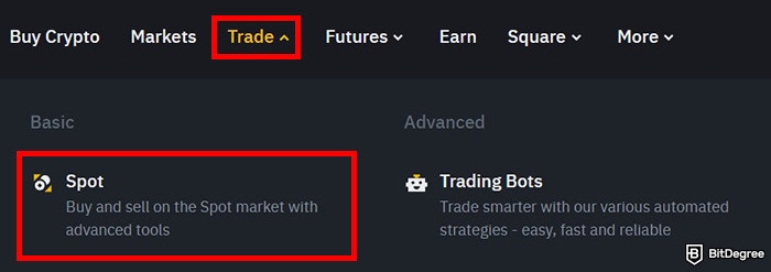 How to buy Aave: a part of Binance website with the Trade and Spot menu highlighted.