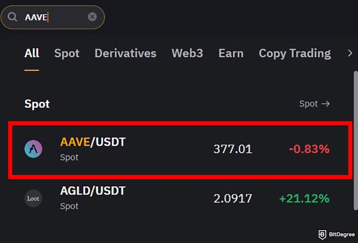 How to buy Aave: the search results for AAVE on Bybit's trading interface with the AAVE/USDT pair highlighted.