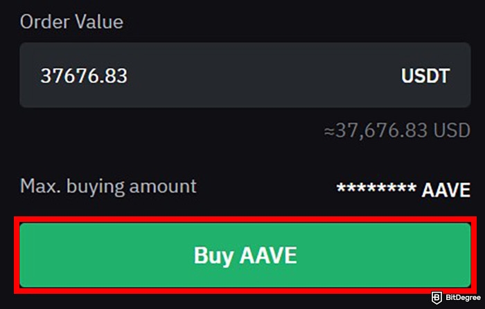 How to buy Aave: a part of Bybit's trading interface with the Buy AAVE button highlighted.