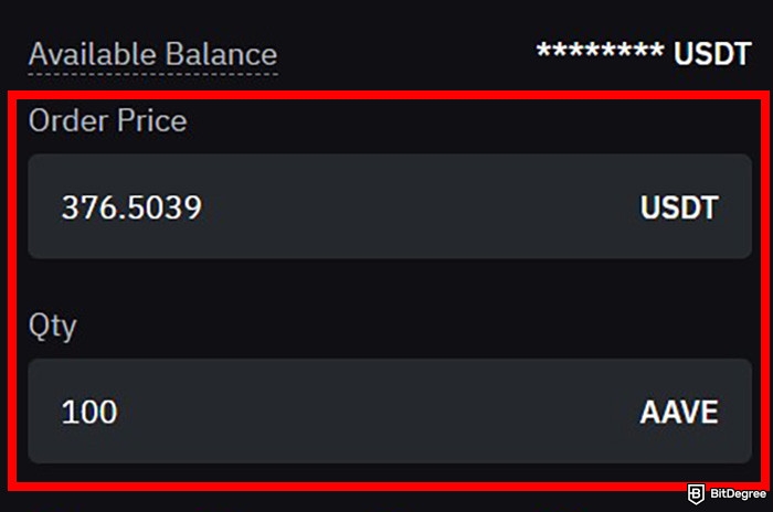 How to buy Aave: the form to enter order amount on Bybit's trading interface.