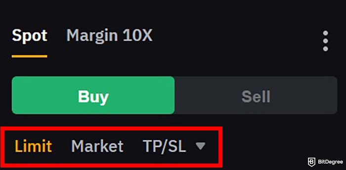 How to buy Aave: a part of Bybit's trading interface with the order type options highlighted.