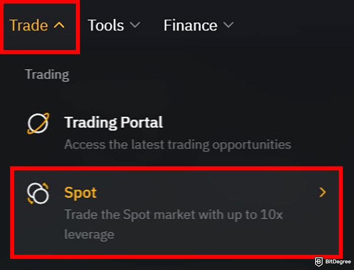 How to buy Aave: a part of Bybit's website with the Trade and Spot menus highlighted.