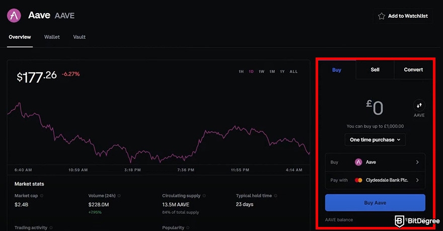 How to buy Aave: The detail page for AAVE on Coinbase with the buying order form highlighted.