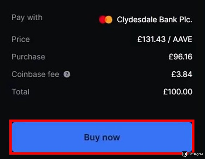 How to buy Aave: the transaction details when buying AAVE on Coinbase with the Buy now button highlighted.