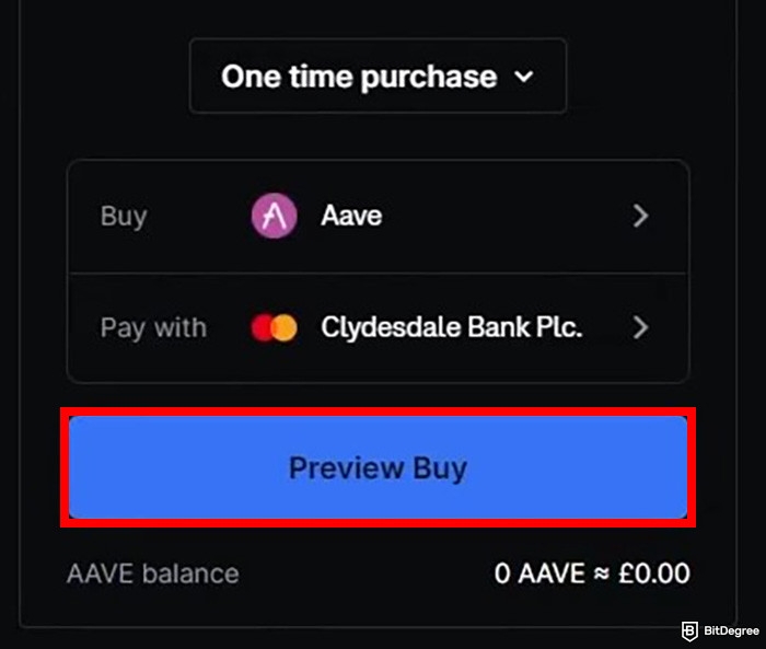 How to buy Aave: a part of AAVE buying order form on Coinbase with the Preview Buy button highlighted.