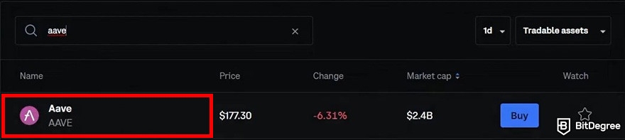 How to buy Aave: the search result for AAVE on Coinbase dashboard with the AAVE listing highlighted.
