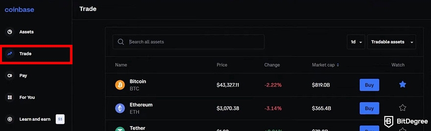 How to buy Aave: Coinbase's user's dashboard showing the Trade page with the Trade side panel menu highlighted.