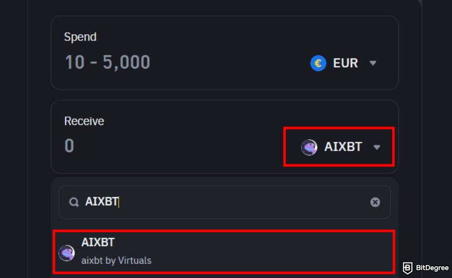How to buy AIXBT: Binance's buy and sell crypto page with the search result for AIXBT highlighted.