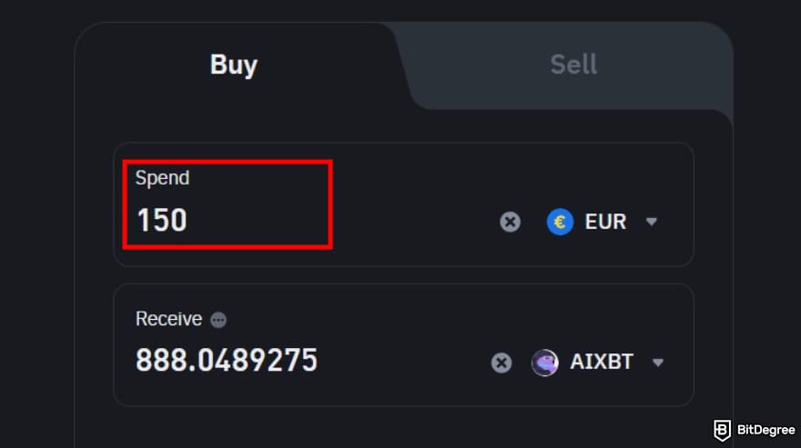 How to buy AIXBT: the buy order form on Binance's buy and sell page with the [Spend] box highlighted.