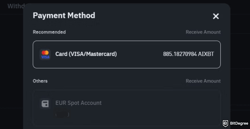 How to buy AIXBT: the available payment methods on Binance's buy and sell page.
