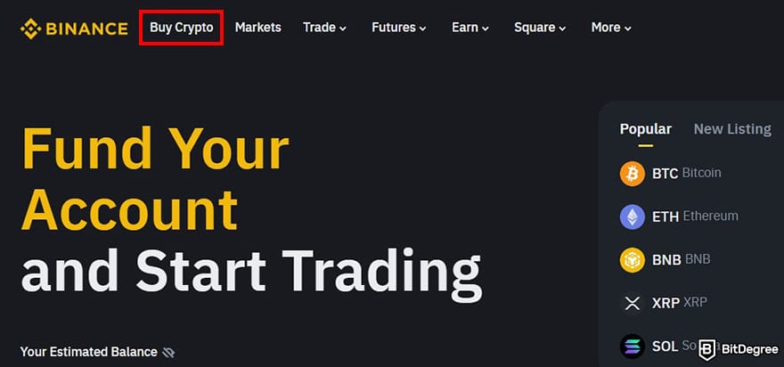 How to buy AIXBT: Binance homepage with the [Buy Crypto] menu highlighted.