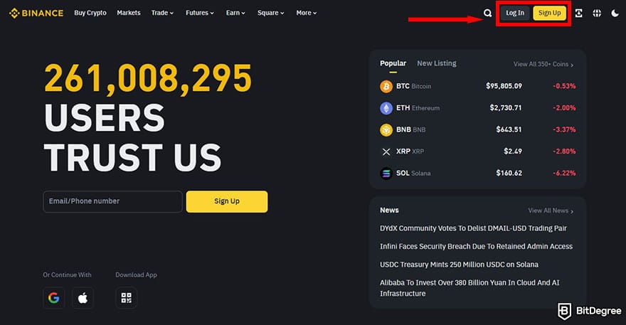 How to buy AIXBT: Binance homepage with the [Log In] and [Sign Up] buttons highlighted.