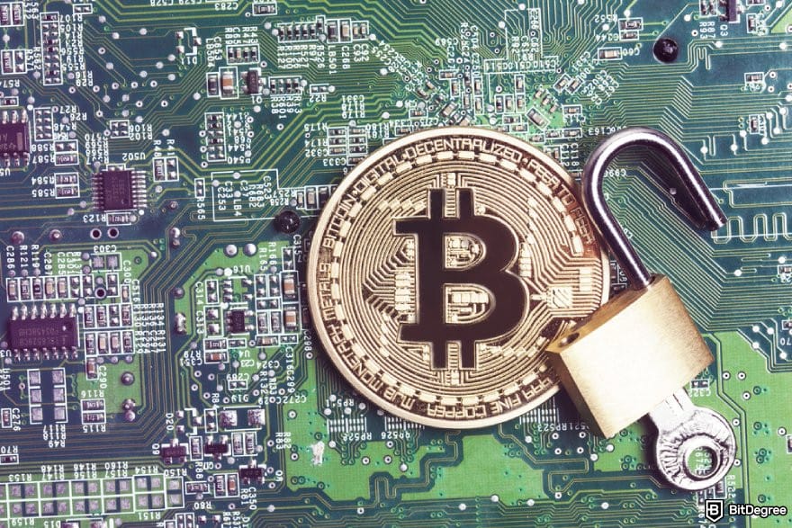 How to buy AIXBT: a golden BTC coin and a padlock on a circuit board.