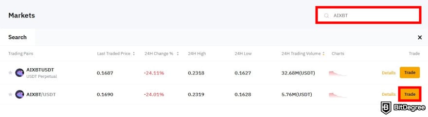 How to buy AIXBT: Bybit's markets page with the search results for AIXBT with the search bar and [Trade] button highlighted.