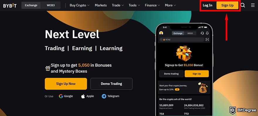 How to buy AIXBT: Bybit's homepage with the [Log In] and [Sign Up] buttons highlighted.