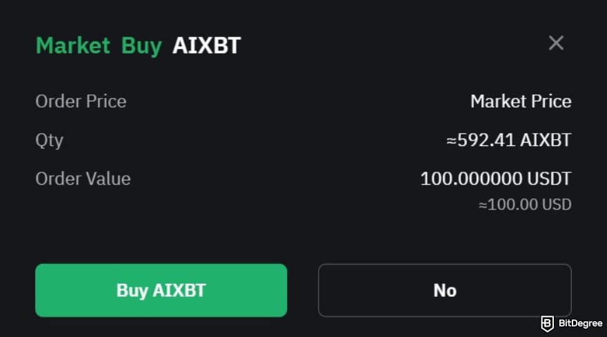 How to buy AIXBT: the transaction details for AIXBT/USDT on Bybit's spot trading platform.