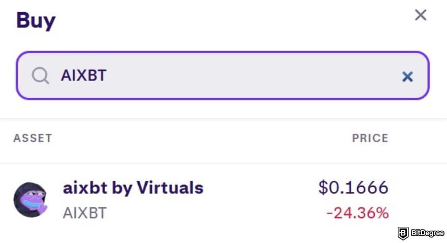 How to buy AIXBT: the search result for AIXBT on Kraken's buy crypto page.