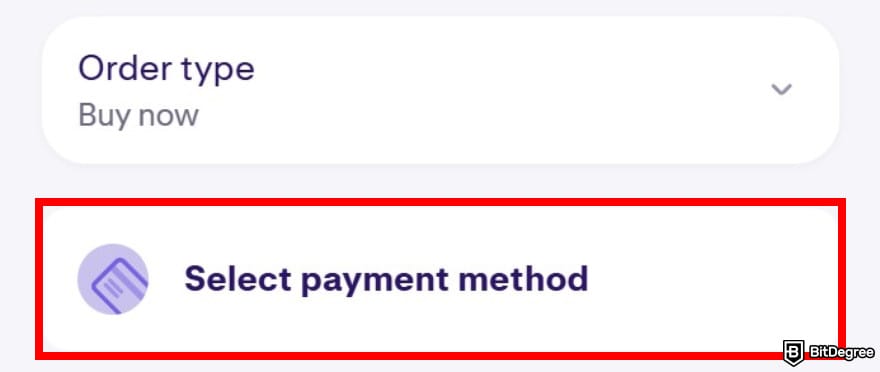 How to buy AIXBT: the Order type drop-down menu and the highlighted payment method menu on Kraken.