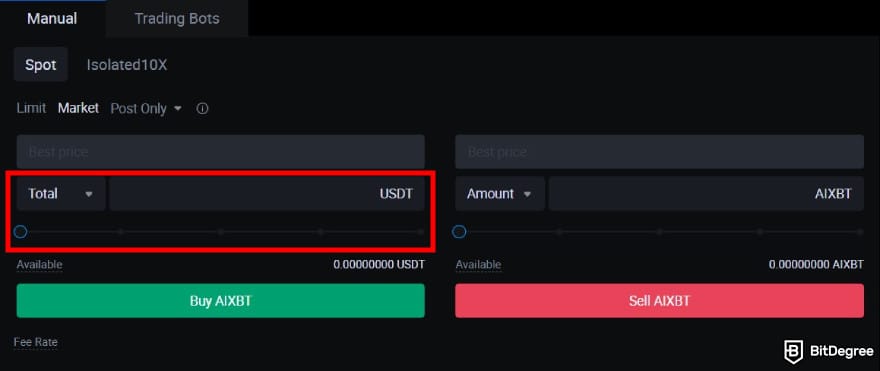 How to buy AIXBT: the order form on HTX spot trading platform with the amount box highlighted.