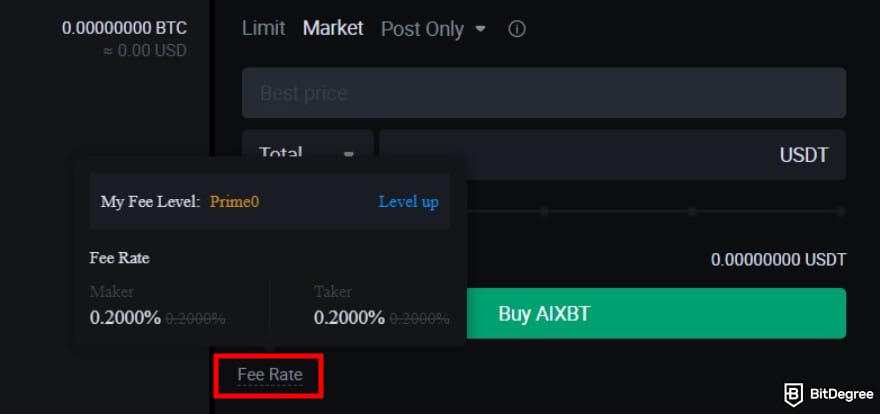 How to buy AIXBT: the order form on HTX spot trading platform with the fee rate highlighted.