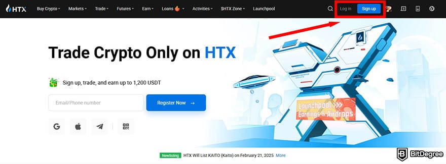 How to buy AIXBT: HTX homepage with the [Log in] and [Sign up] buttons highlighted.